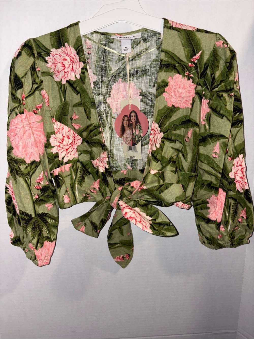Agua Bendita Olive Green Floral Tie-Front Crop Top with Pink Blooms